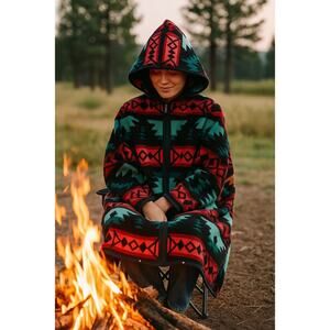 Biederlack of America Hooded Blanket Poncho Aztec Print USA Acrylic Fleece